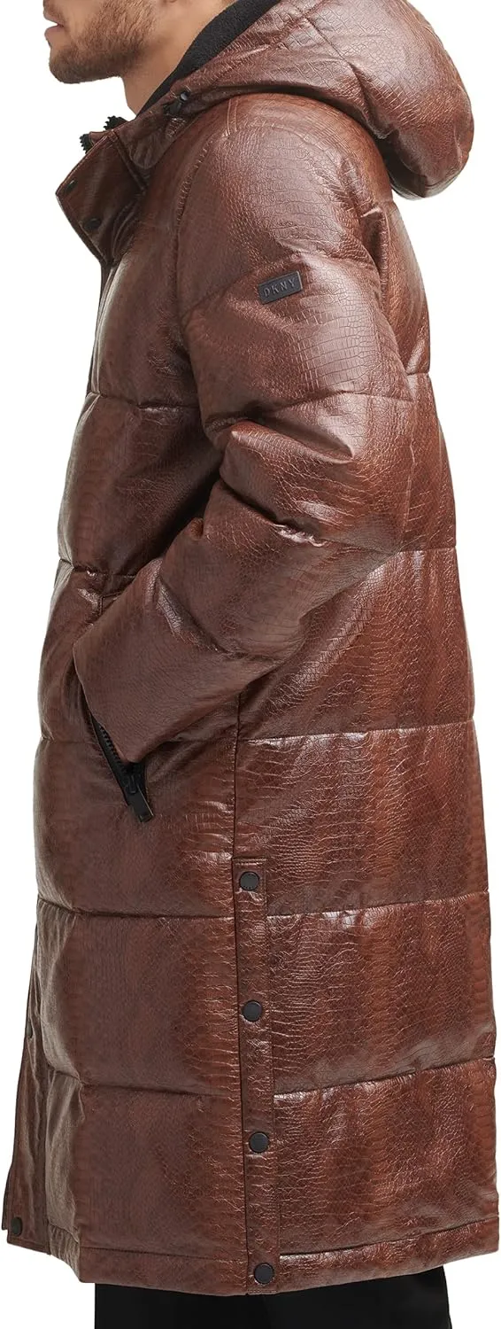DKNY Mens Faux Leather Long Quilted Fashion Coat
