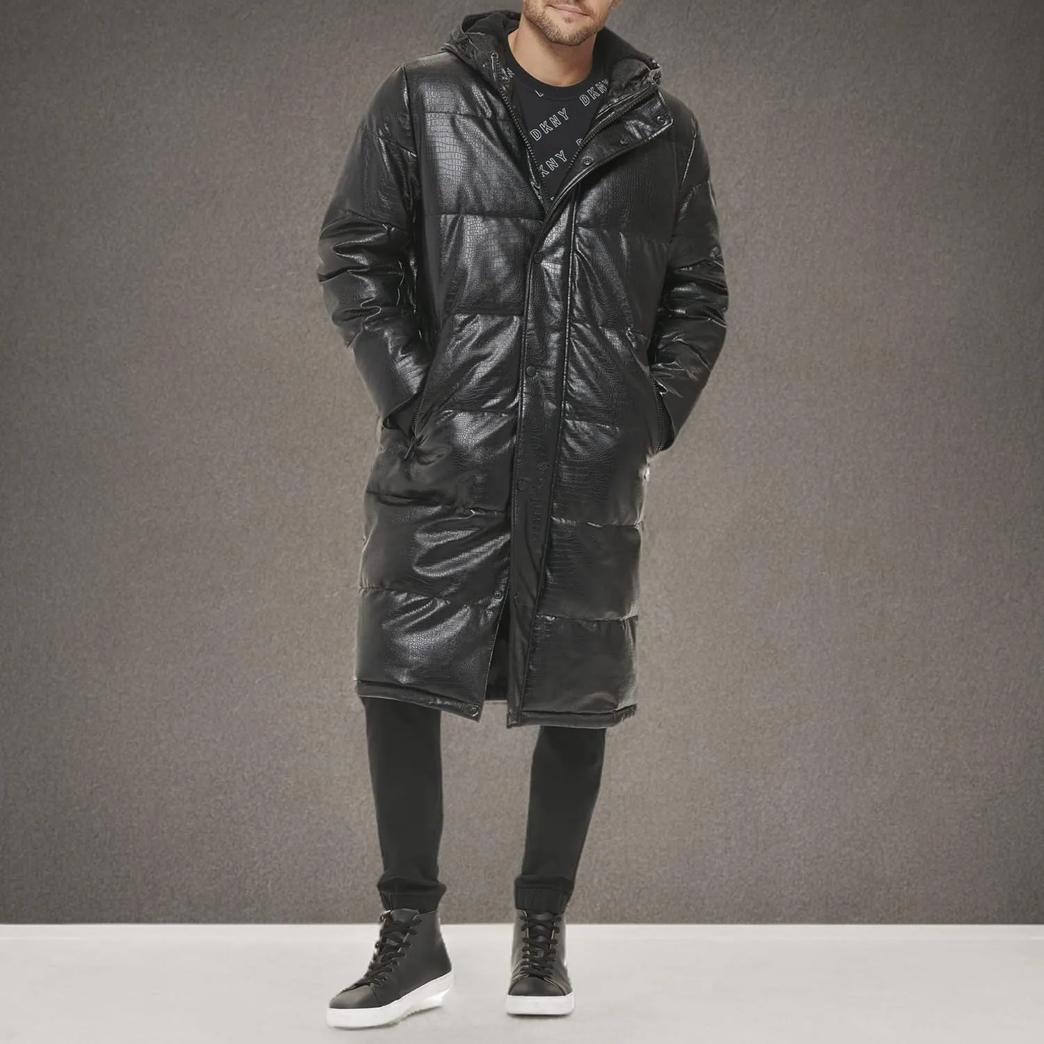 DKNY Mens Faux Leather Long Quilted Fashion Coat