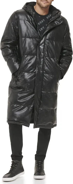 DKNY Mens Faux Leather Long Quilted Fashion Coat
