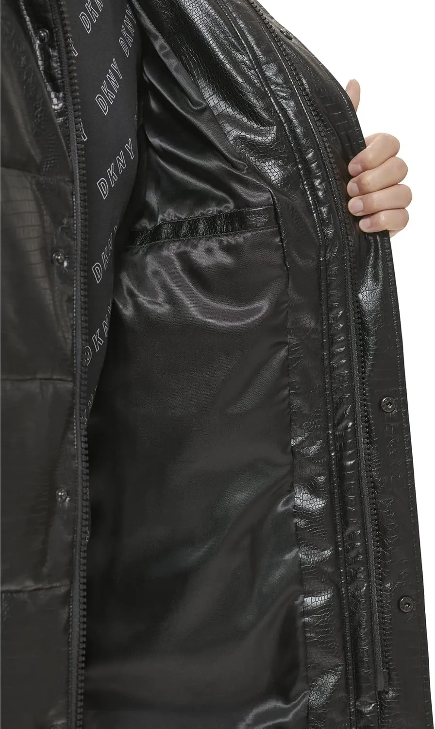 DKNY Mens Faux Leather Long Quilted Fashion Coat