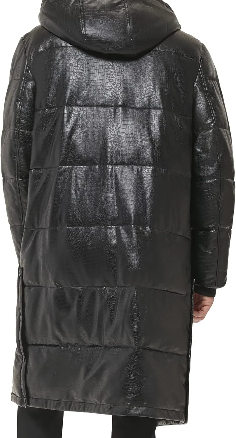 DKNY Mens Faux Leather Long Quilted Fashion Coat