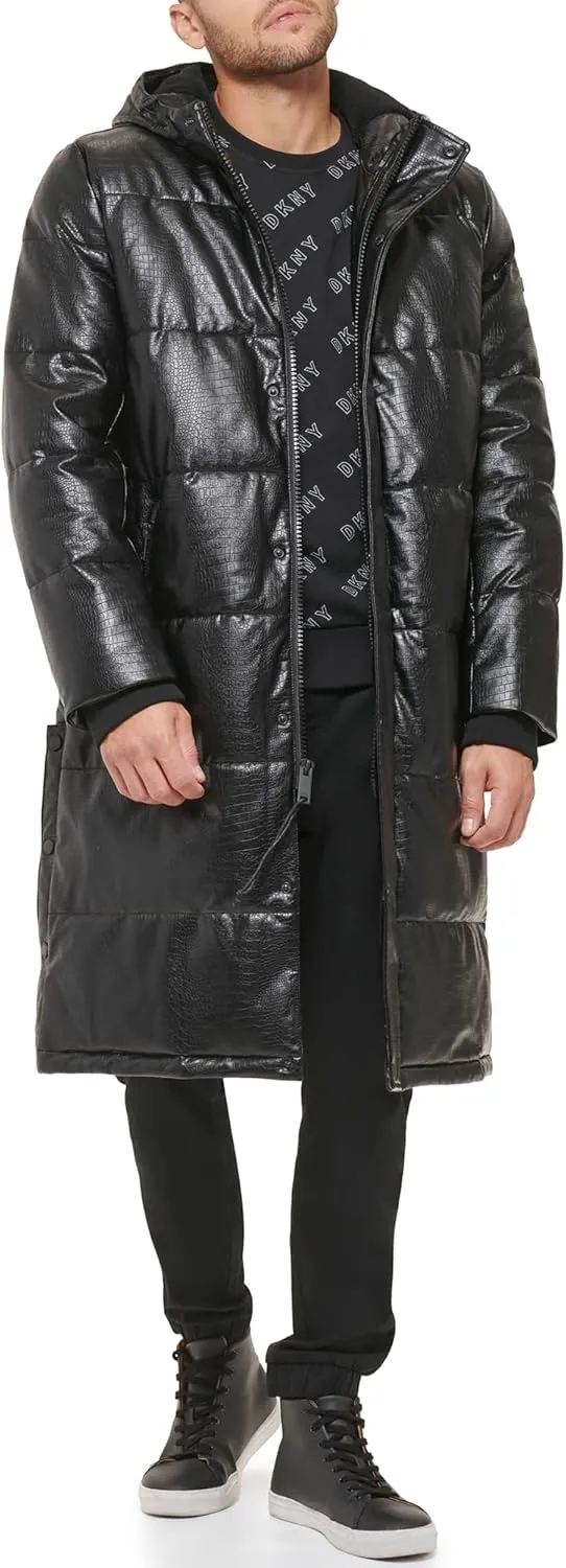 DKNY Mens Faux Leather Long Quilted Fashion Coat