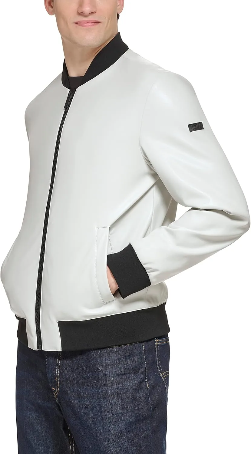 DKNY Men's Faux Leather Varsity Bomber Jacket