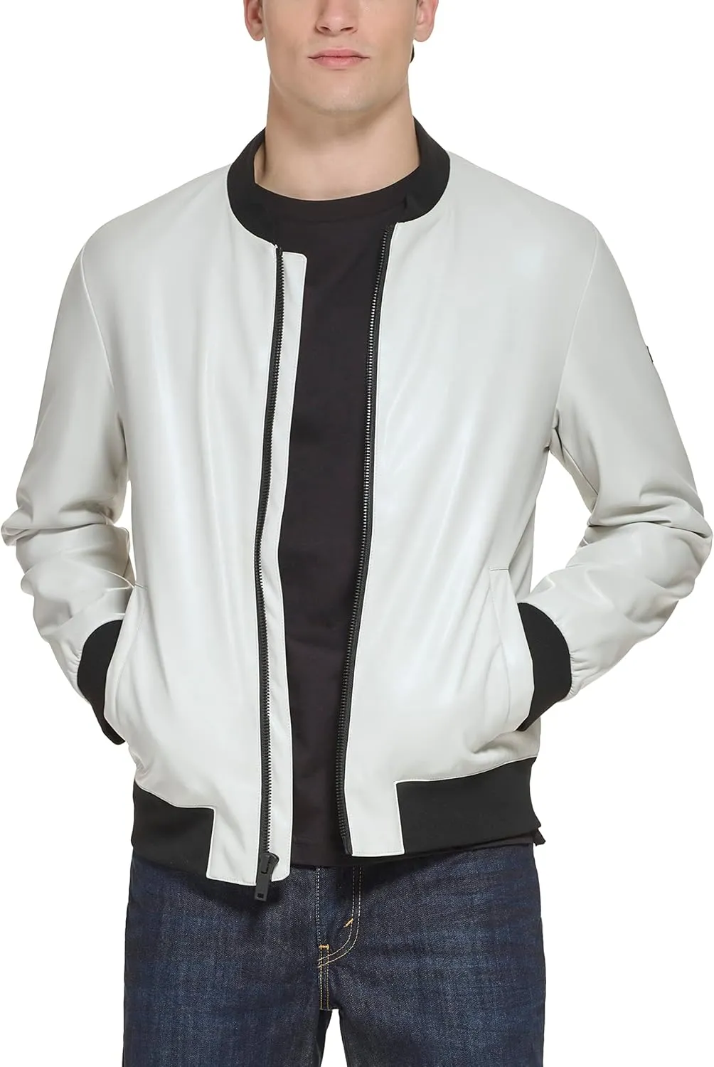 DKNY Men's Faux Leather Varsity Bomber Jacket
