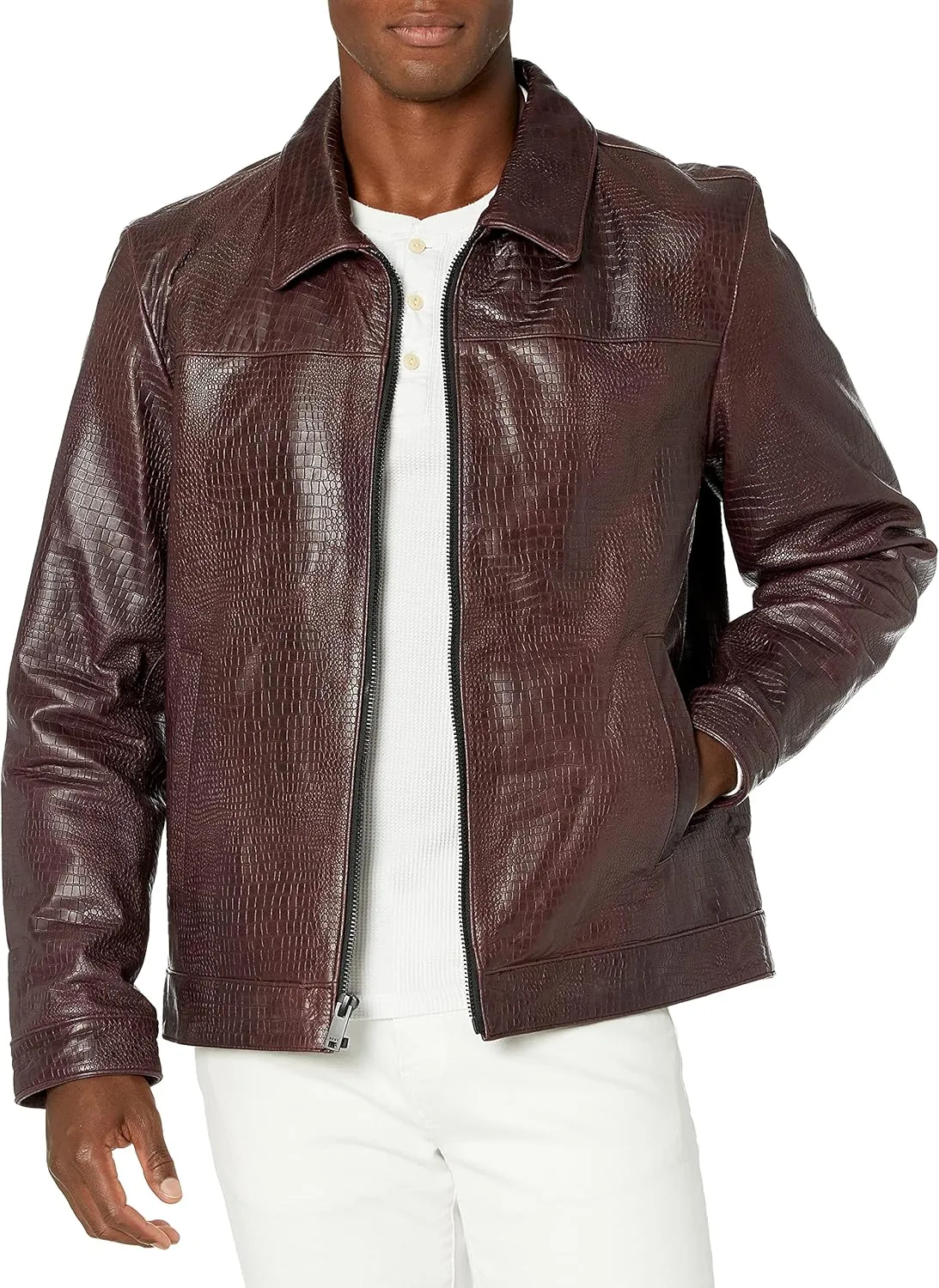DKNY Men's Real Leather Croc Embossed Jacket
