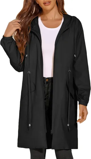 ELESOL Women Rain Jacket Waterproof Long Rain Coats Hooded Windbreaker Lightweight Raincoats Travel Hooded Trench Coats S-3XL