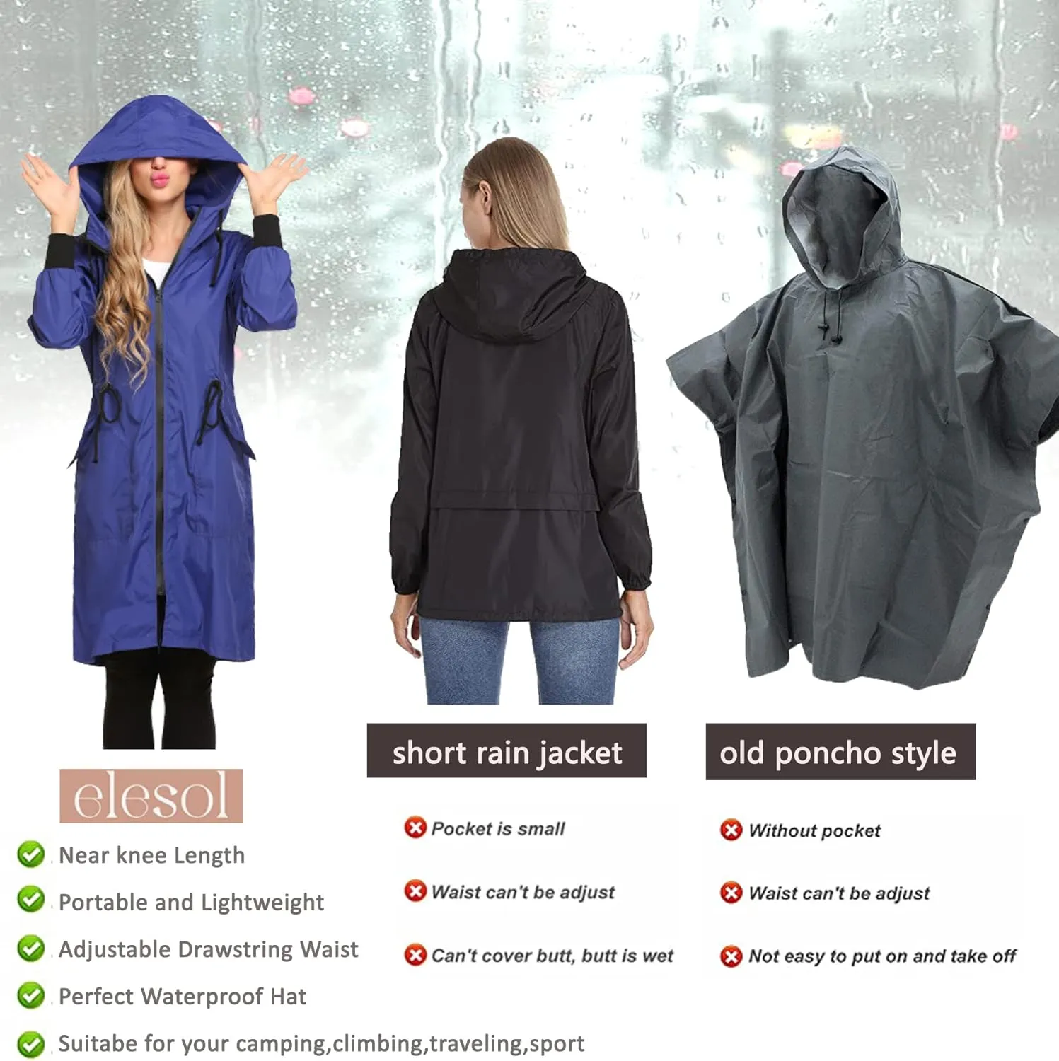 ELESOL Women Rain Jacket Waterproof Long Rain Coats Hooded Windbreaker Lightweight Raincoats Travel Hooded Trench Coats S-3XL