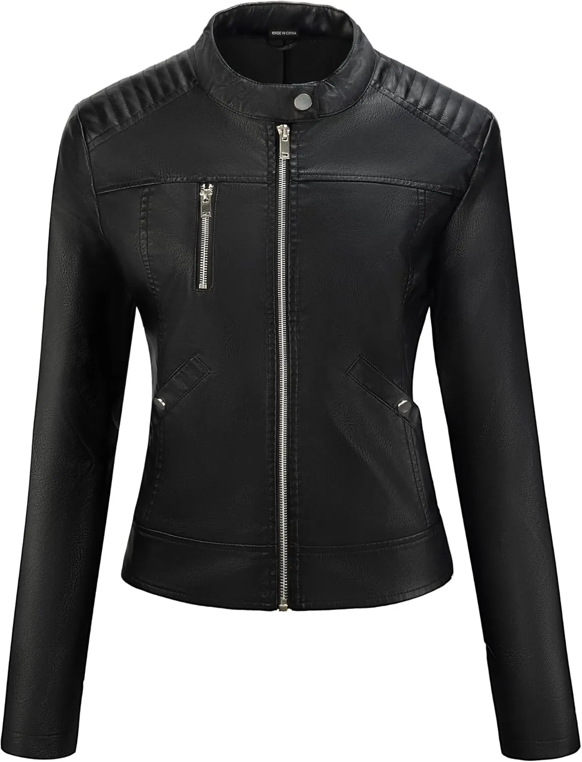 FIRST WAY Faux Leather Jackets for Women, Black Vegan Jackets Moto Biker Motorcycle Coat