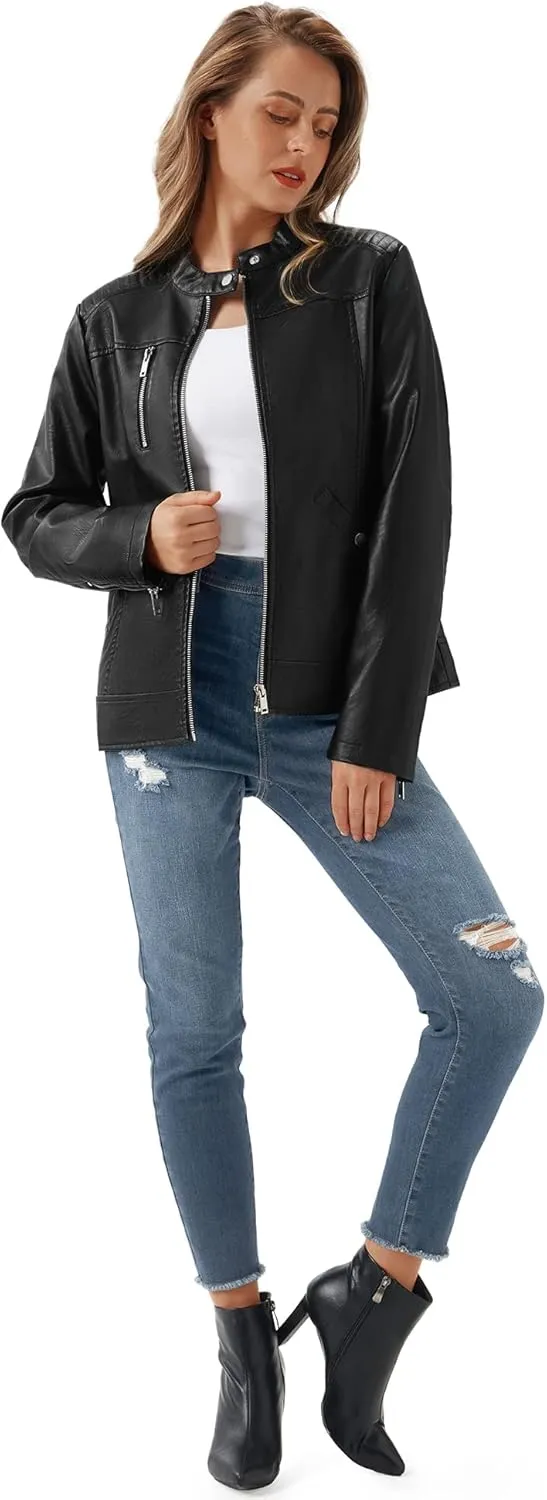 FIRST WAY Faux Leather Jackets for Women, Black Vegan Jackets Moto Biker Motorcycle Coat