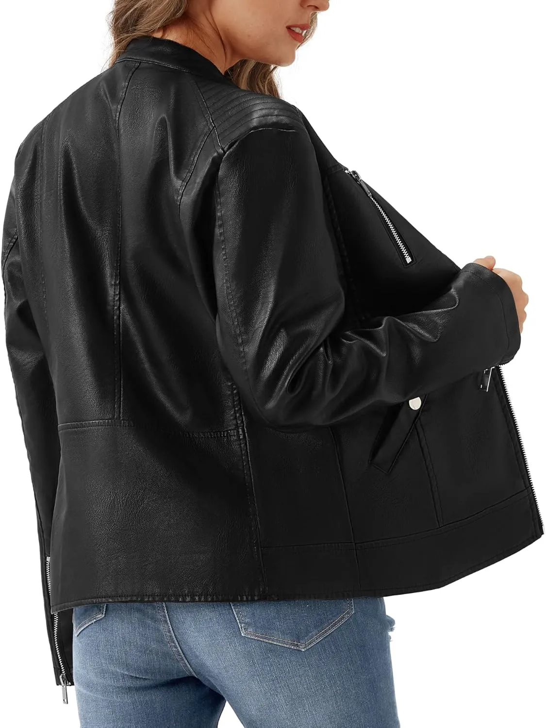 FIRST WAY Faux Leather Jackets for Women, Black Vegan Jackets Moto Biker Motorcycle Coat