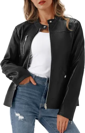 FIRST WAY Faux Leather Jackets for Women, Black Vegan Jackets Moto Biker Motorcycle Coat