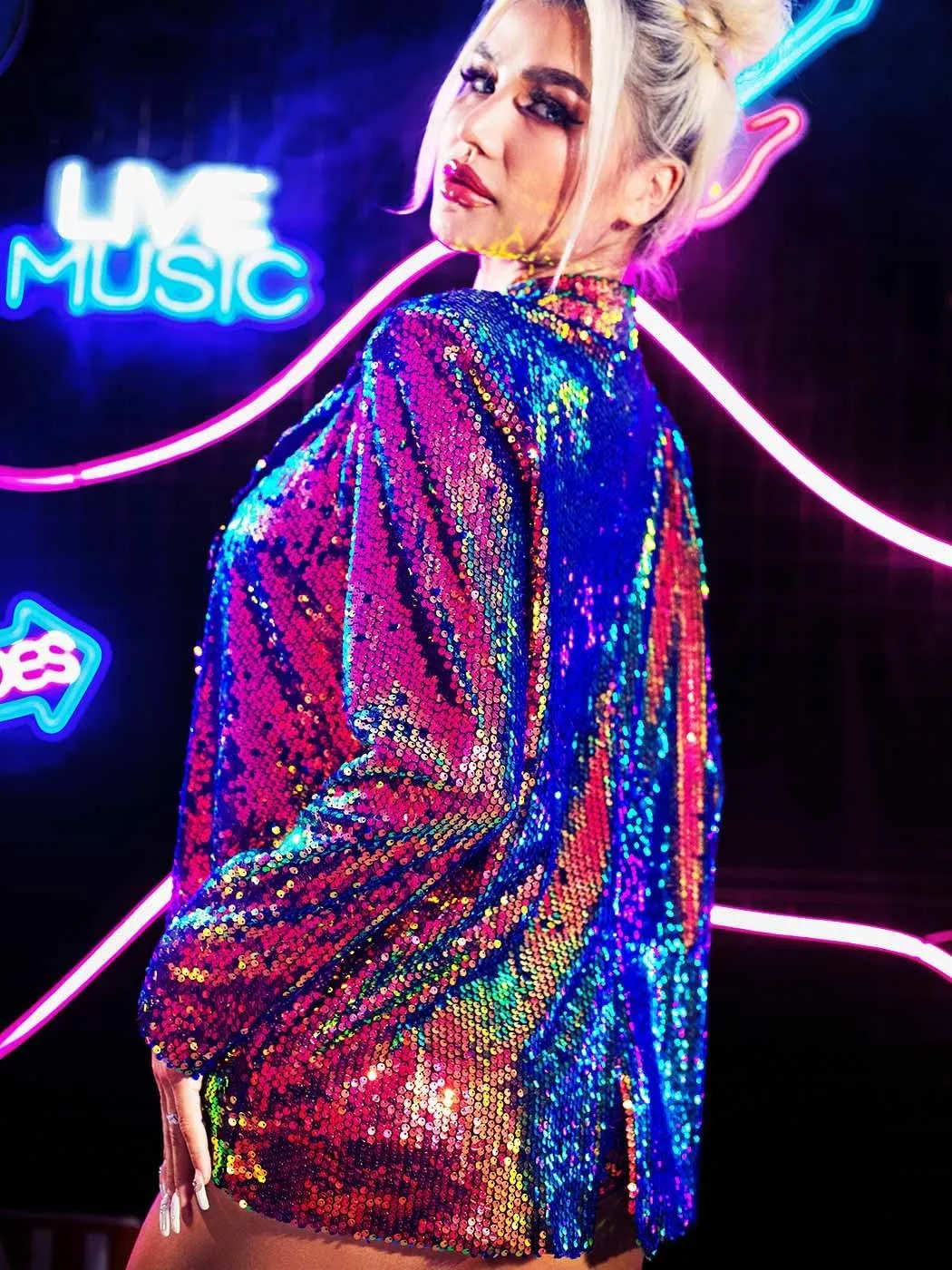 GORAIS Women Sequin Jackets Long Sleeve Sparkly Blazer Open Front Casual Glitter Cardigan Jackets for Dresses