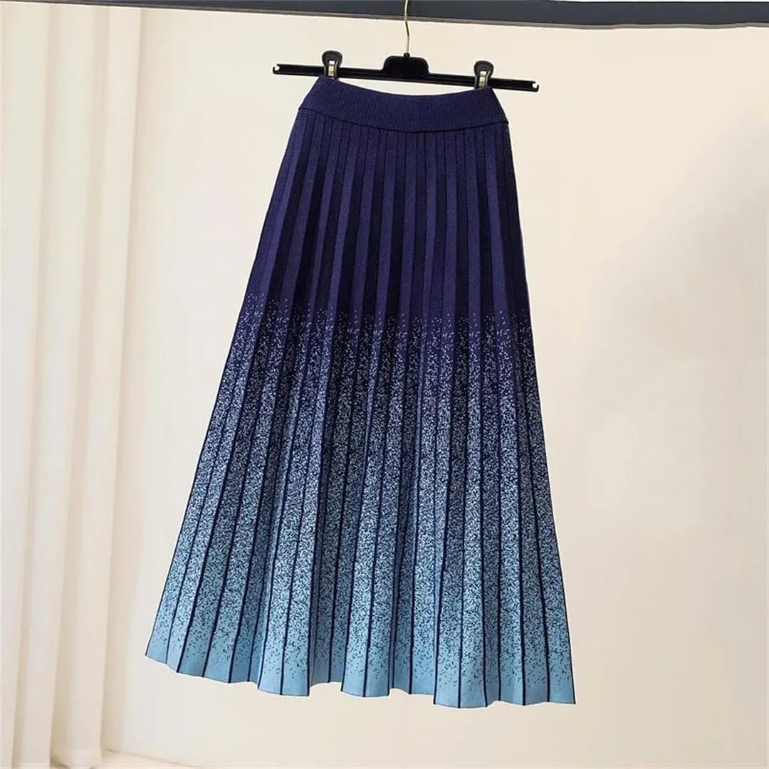 Gradient Knitted Long Skirt Women Fall Winter Stripe High Waist Pleated Midi Skirt Female