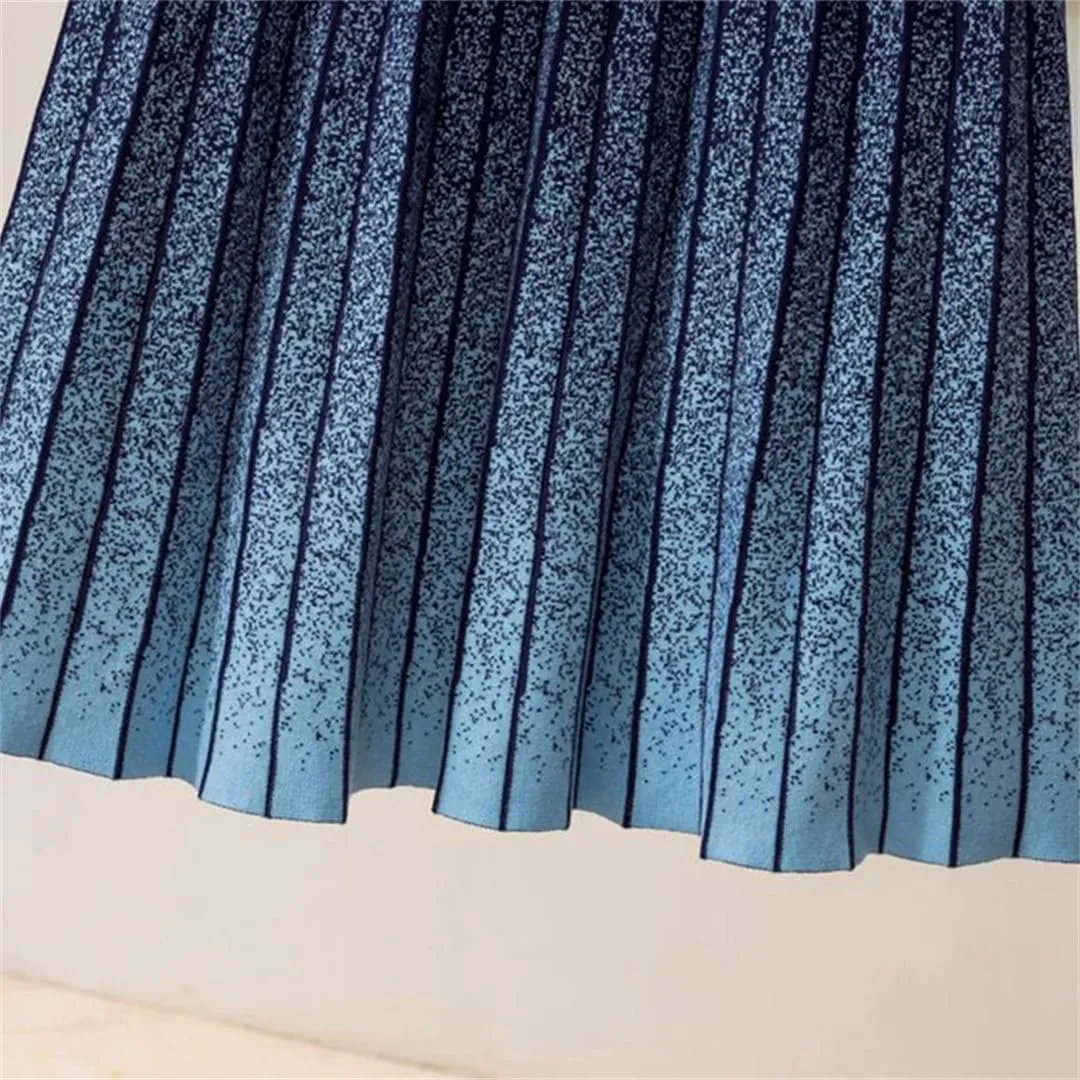 Gradient Knitted Long Skirt Women Fall Winter Stripe High Waist Pleated Midi Skirt Female