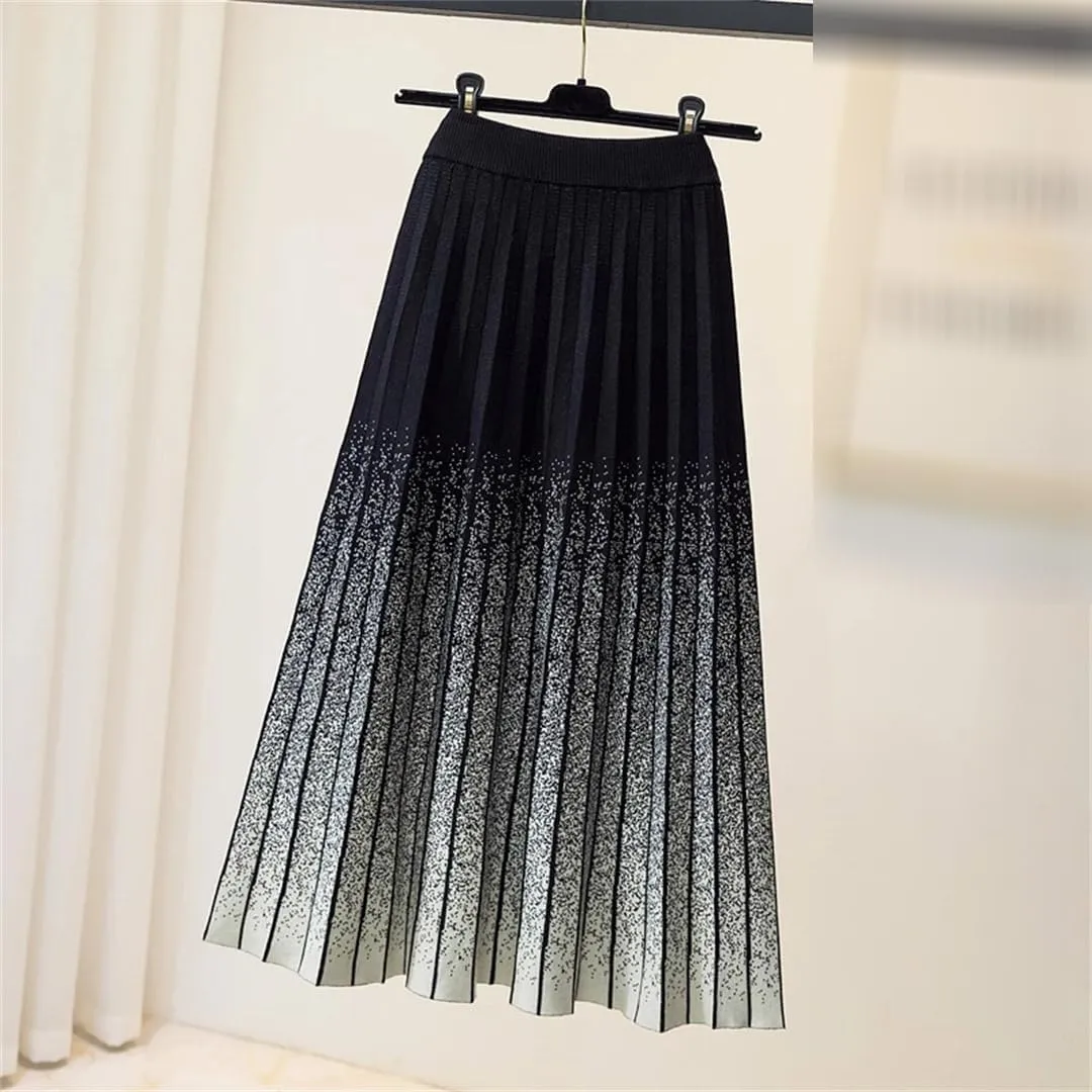 Gradient Knitted Long Skirt Women Fall Winter Stripe High Waist Pleated Midi Skirt Female