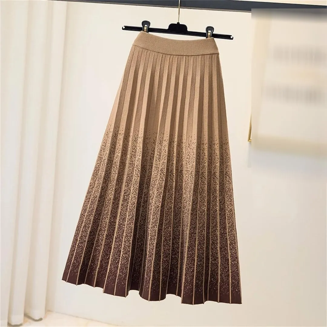 Gradient Knitted Long Skirt Women Fall Winter Stripe High Waist Pleated Midi Skirt Female