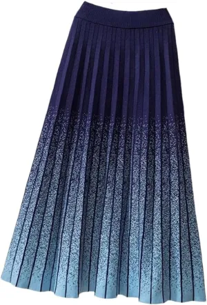 Gradient Knitted Long Skirt Women Fall Winter Stripe High Waist Pleated Midi Skirt Female