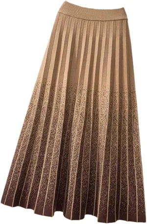 Gradient Knitted Long Skirt Women Fall Winter Stripe High Waist Pleated Midi Skirt Female
