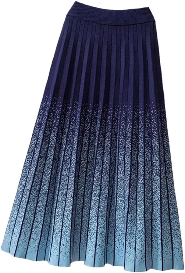 Gradient Knitted Long Skirt Women Fall Winter Stripe High Waist Pleated Midi Skirt Female
