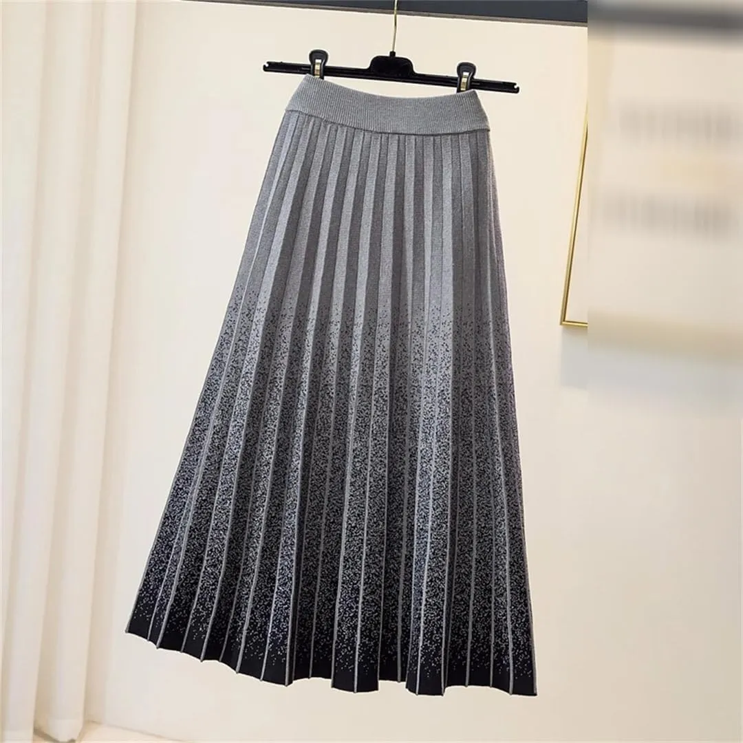 Gradient Knitted Long Skirt Women Fall Winter Stripe High Waist Pleated Midi Skirt Female