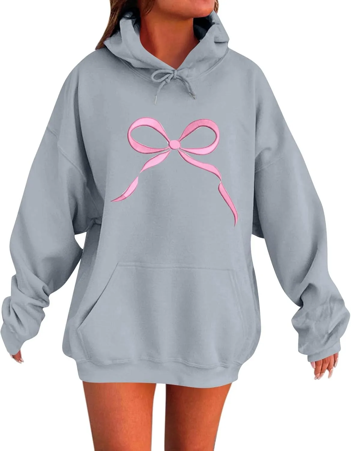 Gumipy Oversized Hoodies for Women Fleece Lined Bow Graphic Hoodies Sweatshirts Y2K Drawstring Long Sleeve Hoodies Pullover