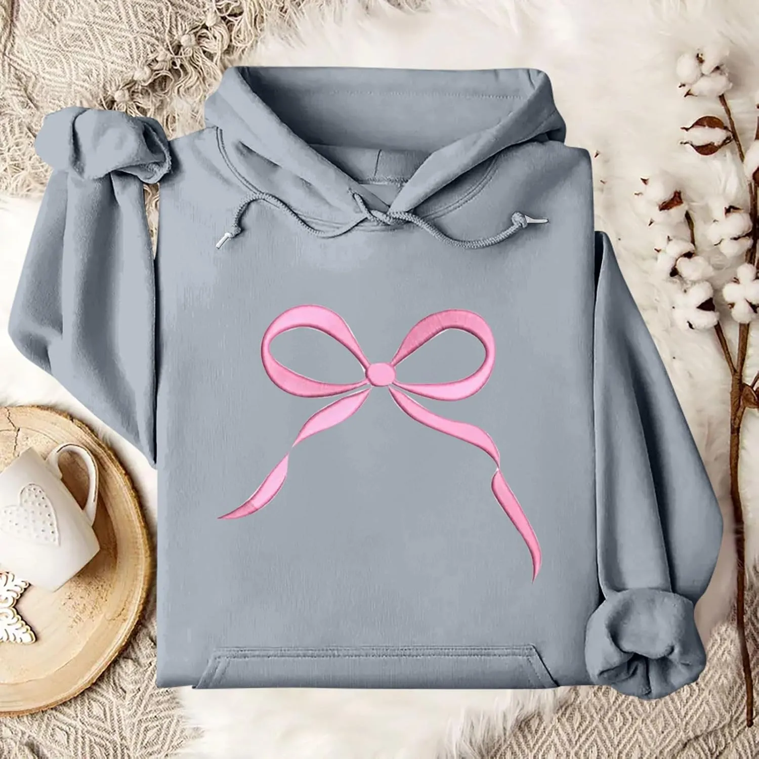Gumipy Oversized Hoodies for Women Fleece Lined Bow Graphic Hoodies Sweatshirts Y2K Drawstring Long Sleeve Hoodies Pullover