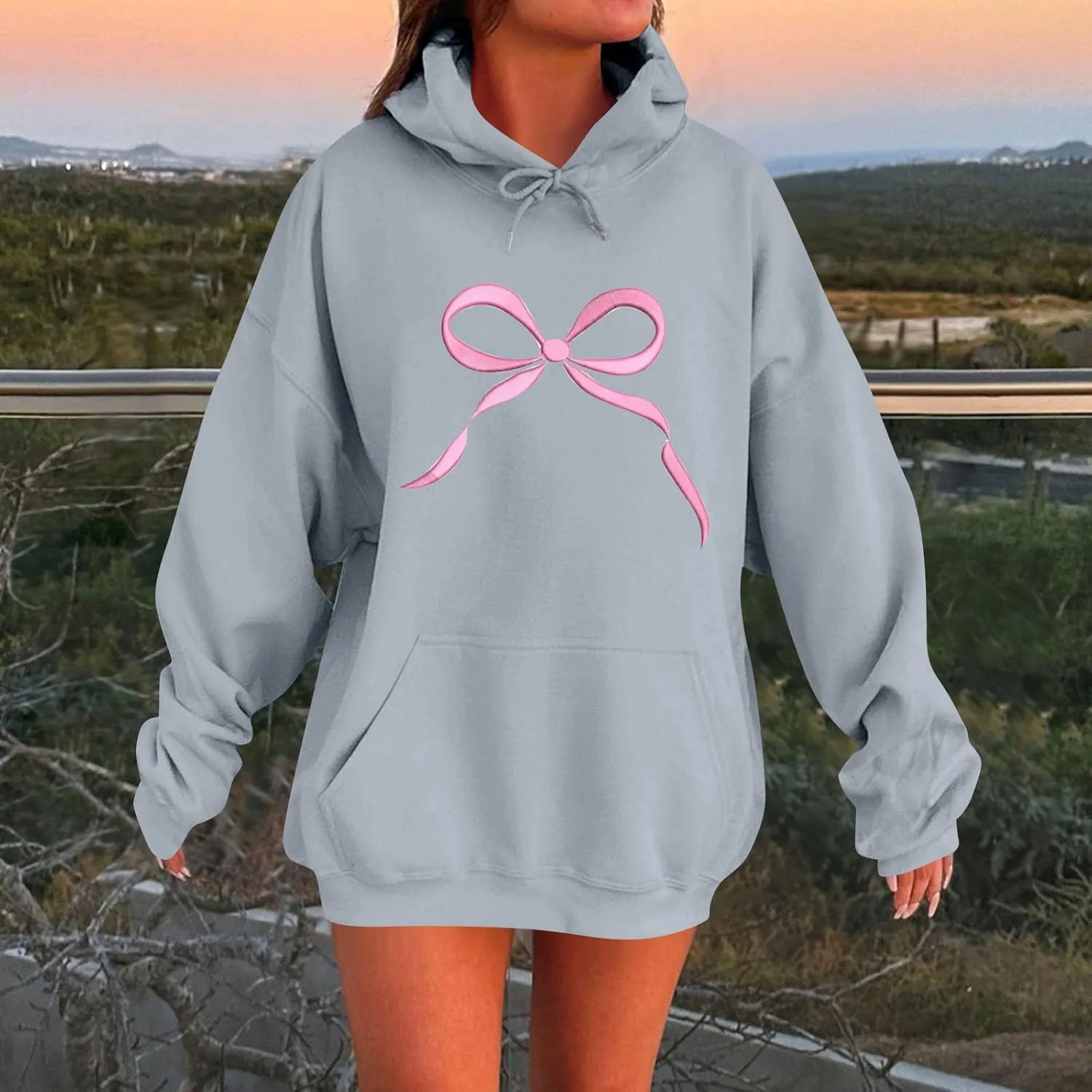 Gumipy Oversized Hoodies for Women Fleece Lined Bow Graphic Hoodies Sweatshirts Y2K Drawstring Long Sleeve Hoodies Pullover