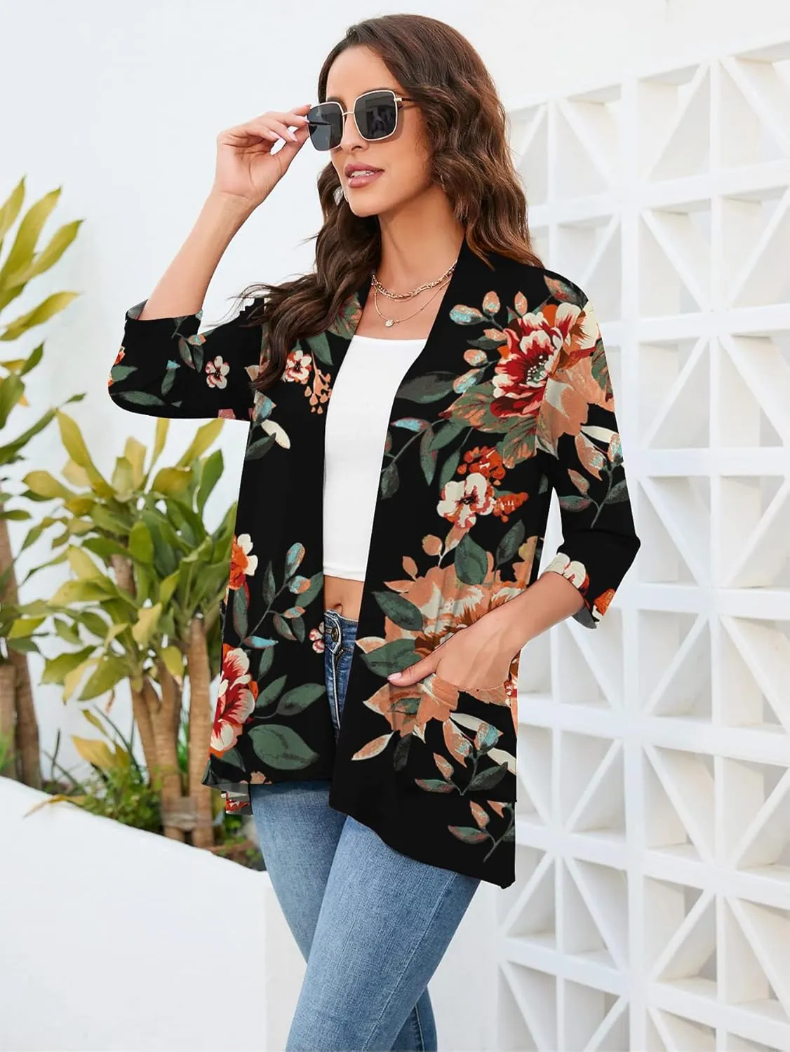 HIYIYEZI Womens Casual Lightweight Cardigans with Pockets 3/4 Sleeve Open Front Dusters