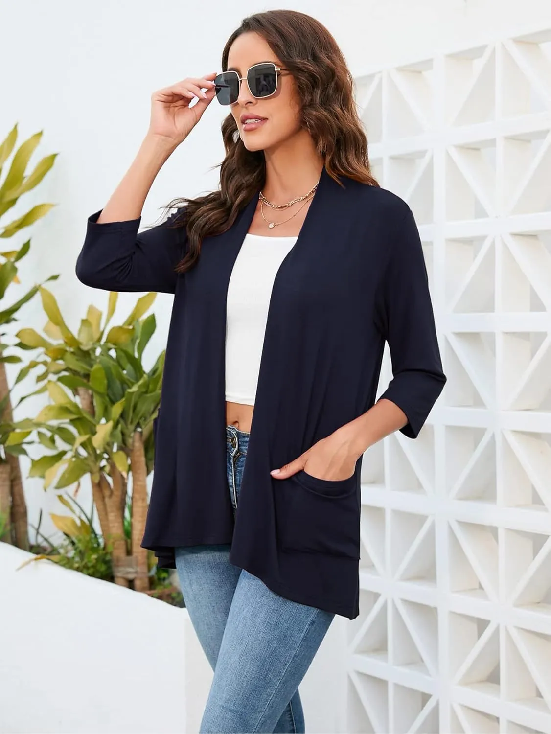 HIYIYEZI Womens Casual Lightweight Cardigans with Pockets 3/4 Sleeve Open Front Dusters