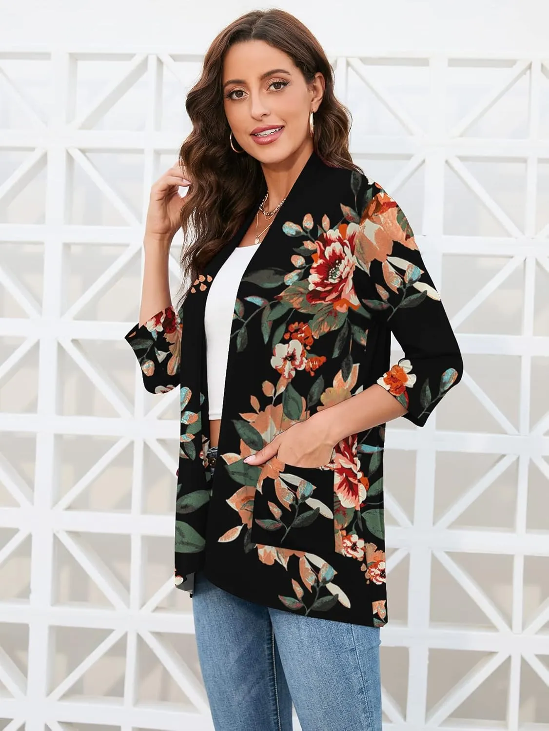 HIYIYEZI Womens Casual Lightweight Cardigans with Pockets 3/4 Sleeve Open Front Dusters