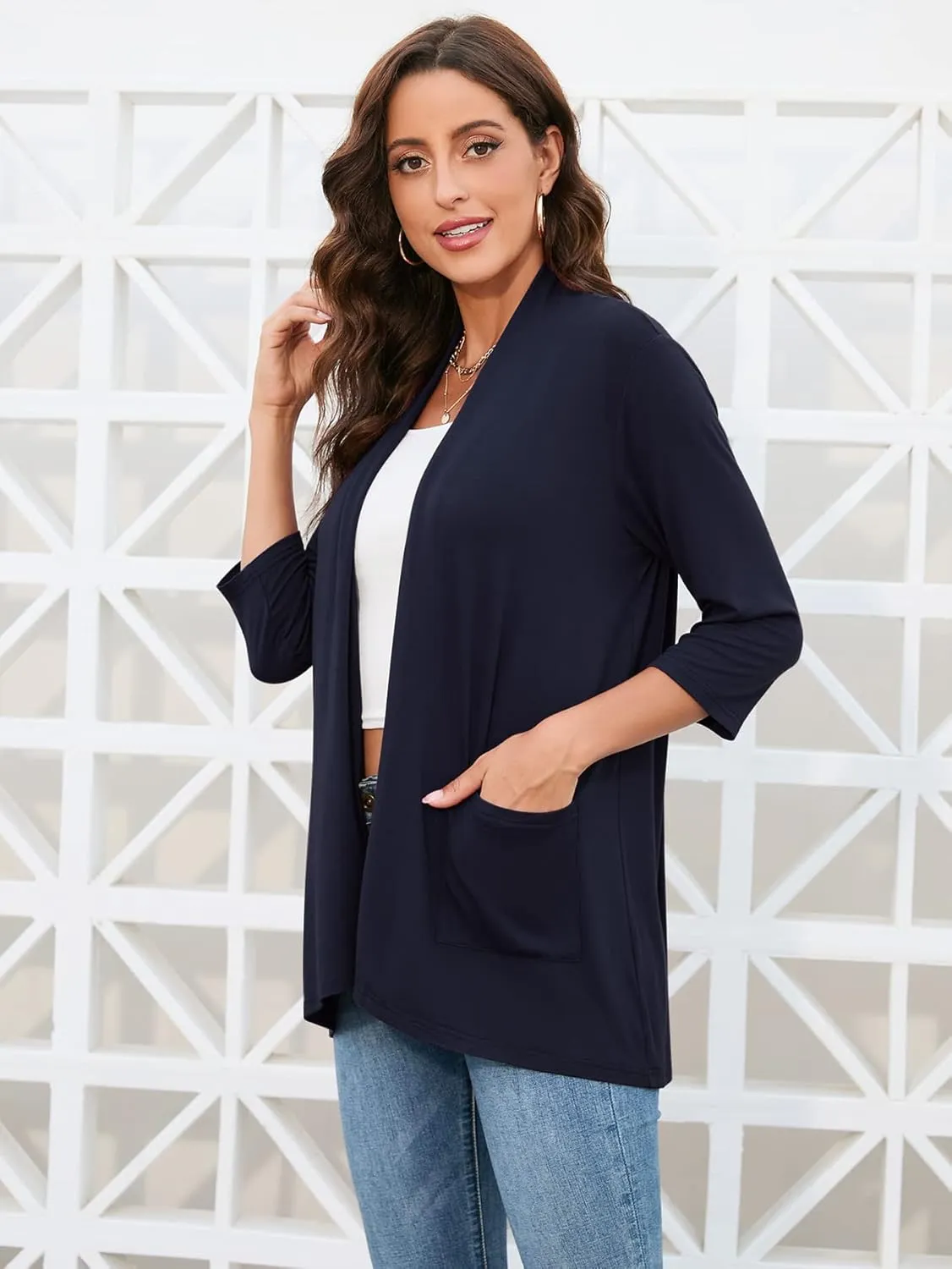 HIYIYEZI Womens Casual Lightweight Cardigans with Pockets 3/4 Sleeve Open Front Dusters