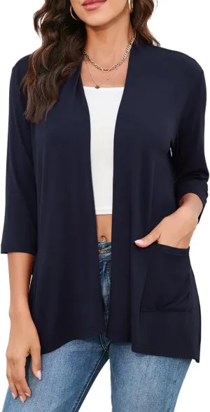 HIYIYEZI Womens Casual Lightweight Cardigans with Pockets 3/4 Sleeve Open Front Dusters