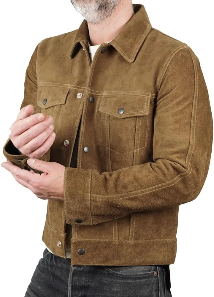 Isaac & David Chicago Mens Trucker Suede Leather Jacket - Western Style Cowboy Leather Jacket Camel/Brown