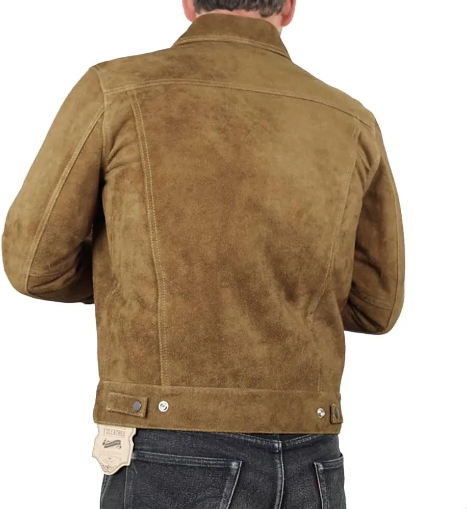 Isaac & David Chicago Mens Trucker Suede Leather Jacket - Western Style Cowboy Leather Jacket Camel/Brown