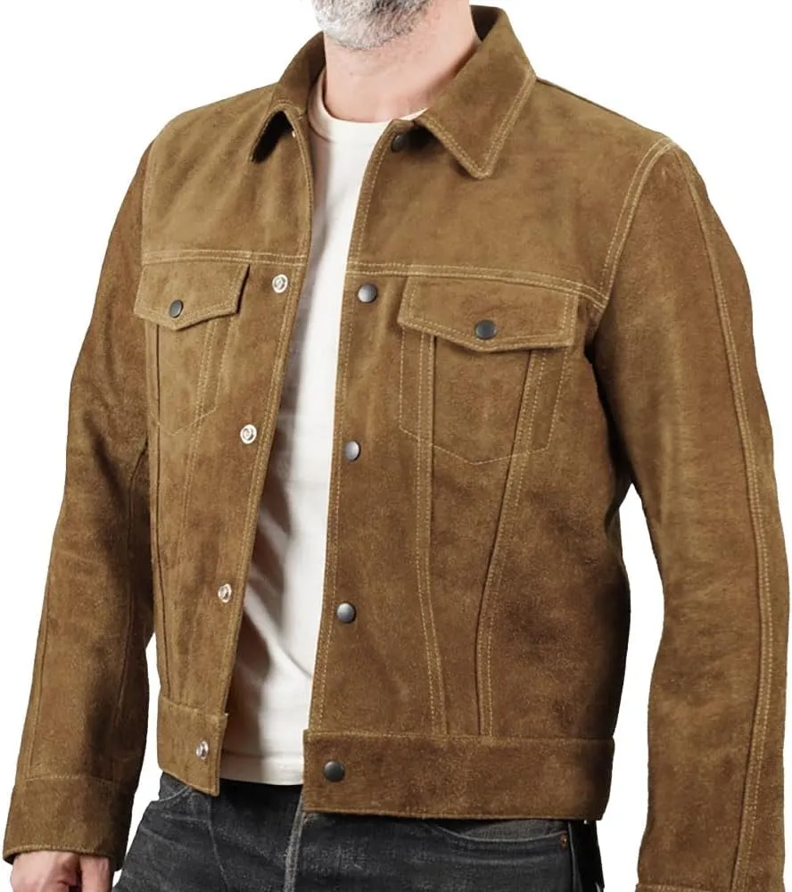 Isaac & David Chicago Mens Trucker Suede Leather Jacket - Western Style Cowboy Leather Jacket Camel/Brown