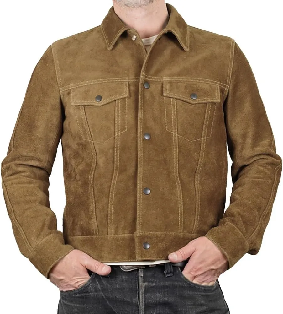Isaac & David Chicago Mens Trucker Suede Leather Jacket - Western Style Cowboy Leather Jacket Camel/Brown