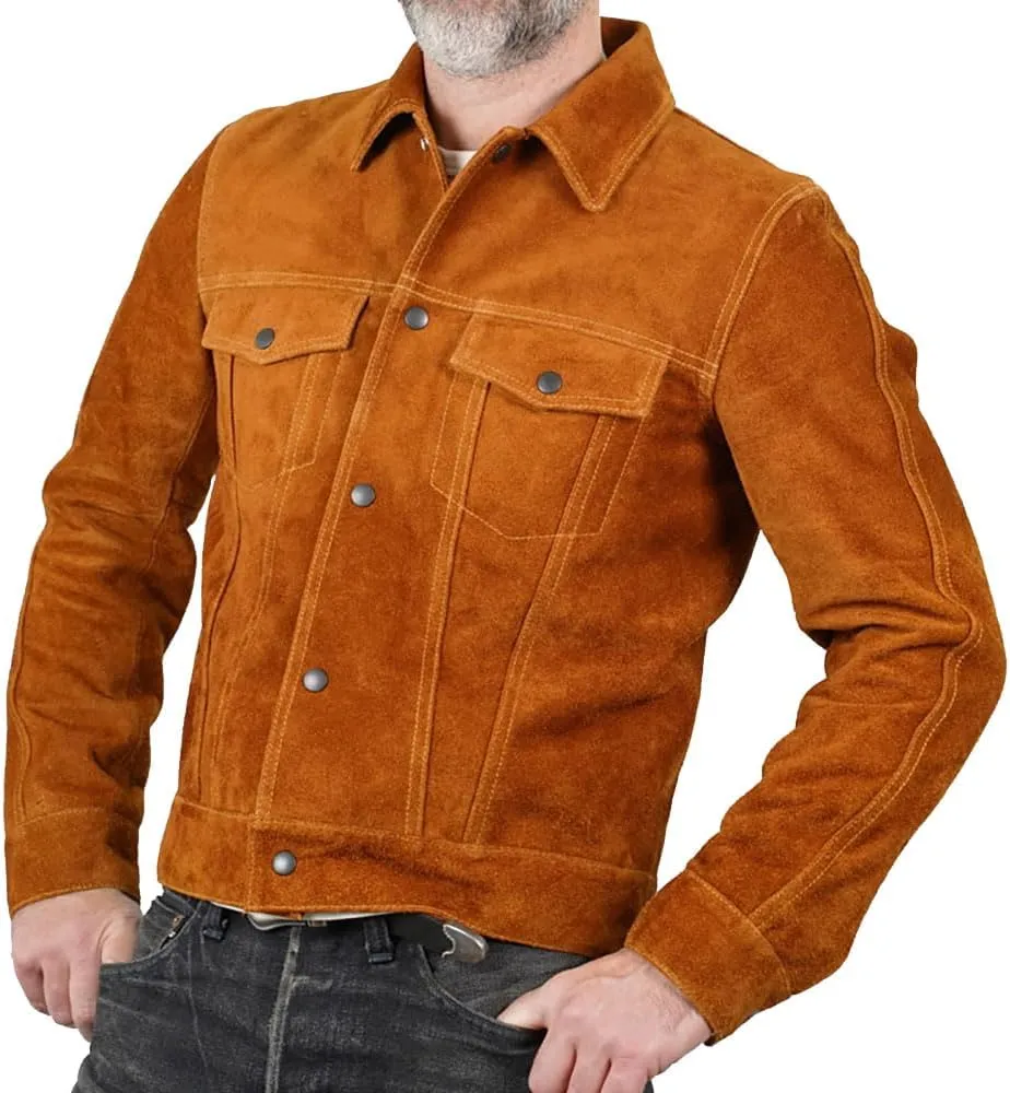 Isaac & David Chicago Mens Trucker Suede Leather Jacket - Western Style Cowboy Leather Jacket Camel/Brown