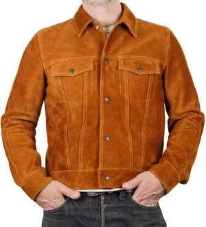 Isaac & David Chicago Mens Trucker Suede Leather Jacket - Western Style Cowboy Leather Jacket Camel/Brown