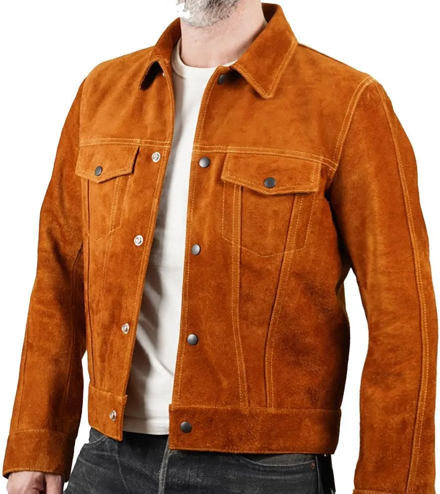 Isaac & David Chicago Mens Trucker Suede Leather Jacket - Western Style Cowboy Leather Jacket Camel/Brown