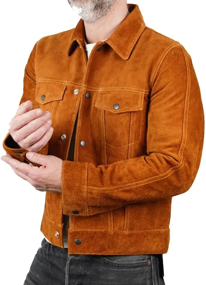Isaac & David Chicago Mens Trucker Suede Leather Jacket - Western Style Cowboy Leather Jacket Camel/Brown