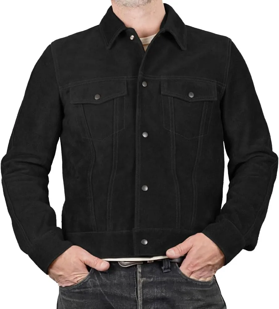 Isaac & David Chicago Mens Trucker Suede Leather Jacket - Western Style Cowboy Leather Jacket Camel/Brown