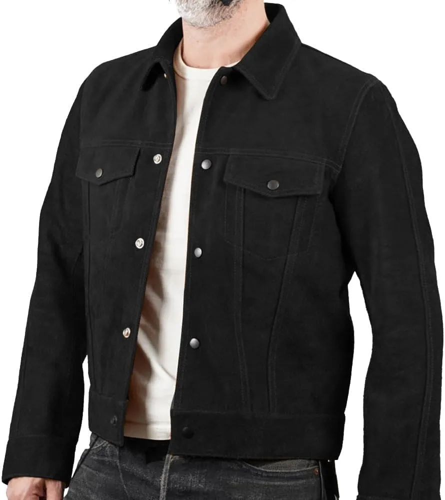 Isaac & David Chicago Mens Trucker Suede Leather Jacket - Western Style Cowboy Leather Jacket Camel/Brown