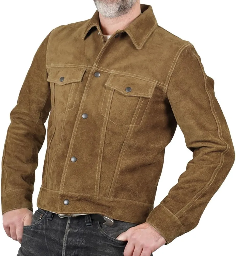 Isaac & David Chicago Mens Trucker Suede Leather Jacket - Western Style Cowboy Leather Jacket Camel/Brown