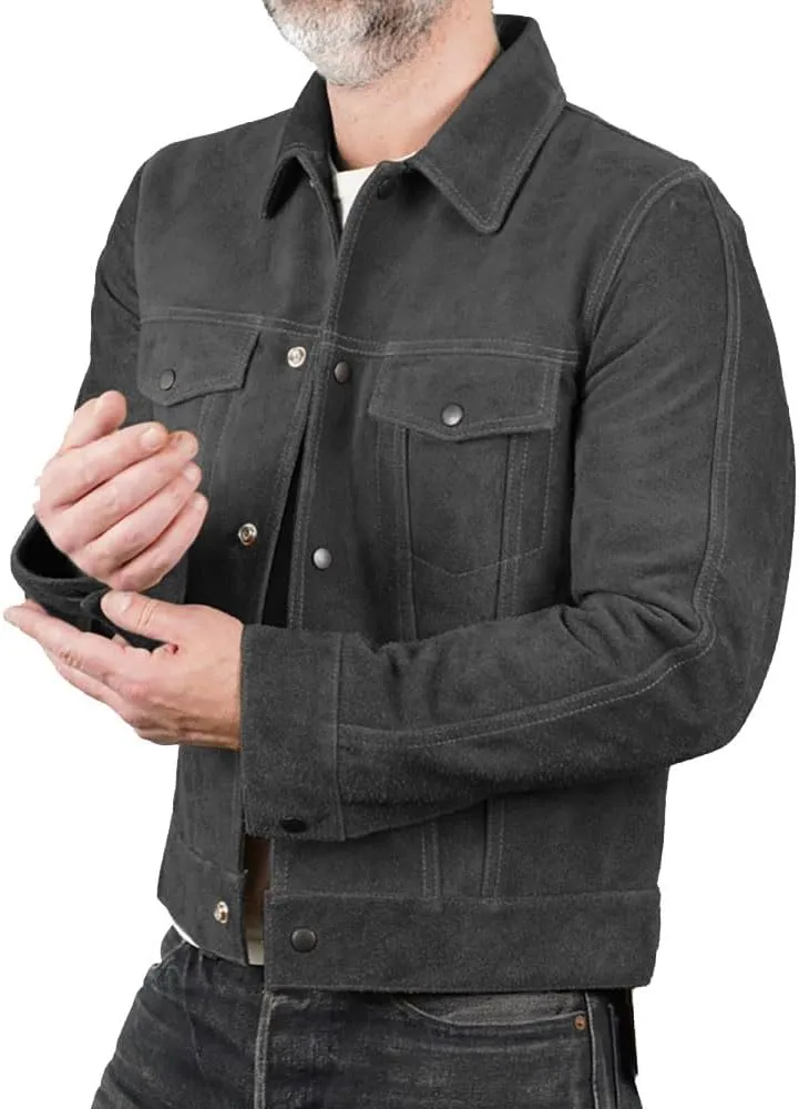 Isaac & David Chicago Mens Trucker Suede Leather Jacket - Western Style Cowboy Leather Jacket Camel/Brown