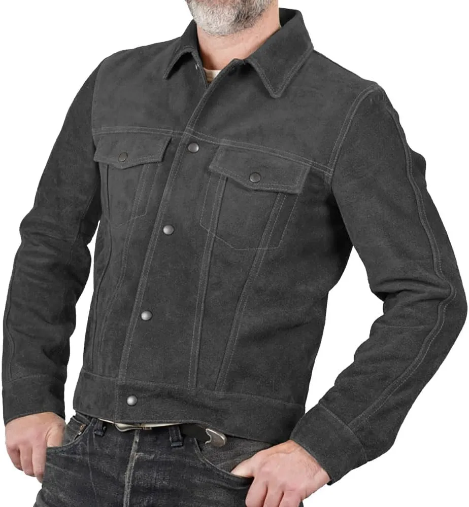 Isaac & David Chicago Mens Trucker Suede Leather Jacket - Western Style Cowboy Leather Jacket Camel/Brown