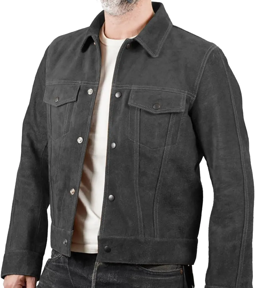 Isaac & David Chicago Mens Trucker Suede Leather Jacket - Western Style Cowboy Leather Jacket Camel/Brown