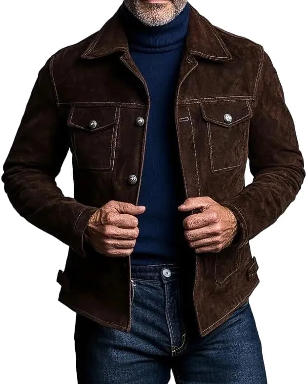 Isaac & David Chicago Premium Lambskin Leather Suede Trucker Jacket Men - Western Style Cowboy Leather Jacket For Men