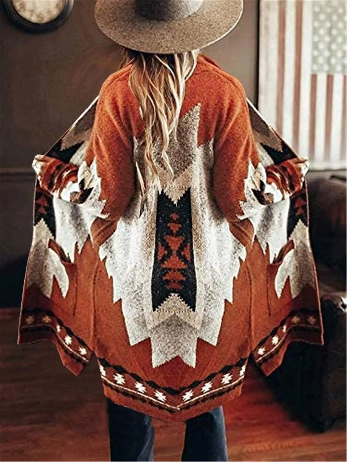 Jawint Women Vintage Tribal Knitted Cardigan Sweater Coat Western Casual Open Front Outwear with Pocket