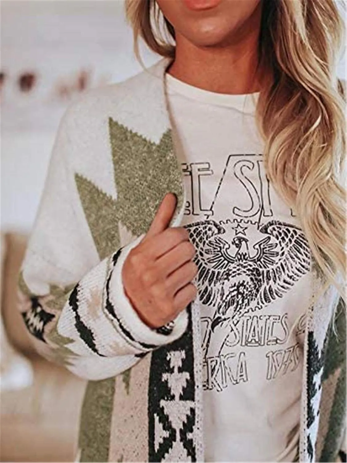 Jawint Women Vintage Tribal Knitted Cardigan Sweater Coat Western Casual Open Front Outwear with Pocket