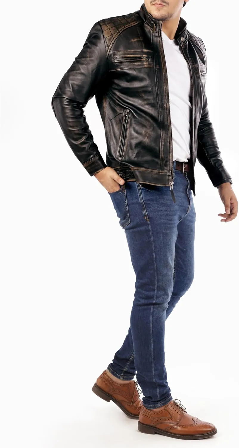Jild Signature Diamond Style Lambskin Leather Jacket Men - Premium Leather Caf Racer Vintage Look Motorcycle Jacket Men